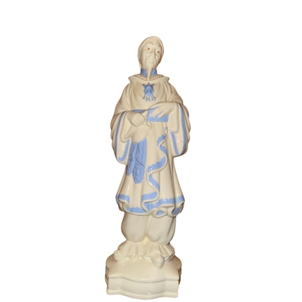 Vintage Porcelain Asian Scholar Figurine Statue White & Blue Scroll Long